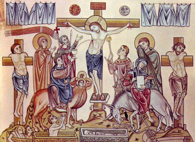 Herrade de Lansberg, Cristo crocifisso tra l'Ecclesia e la Sinagoga, II metà XII secolo
